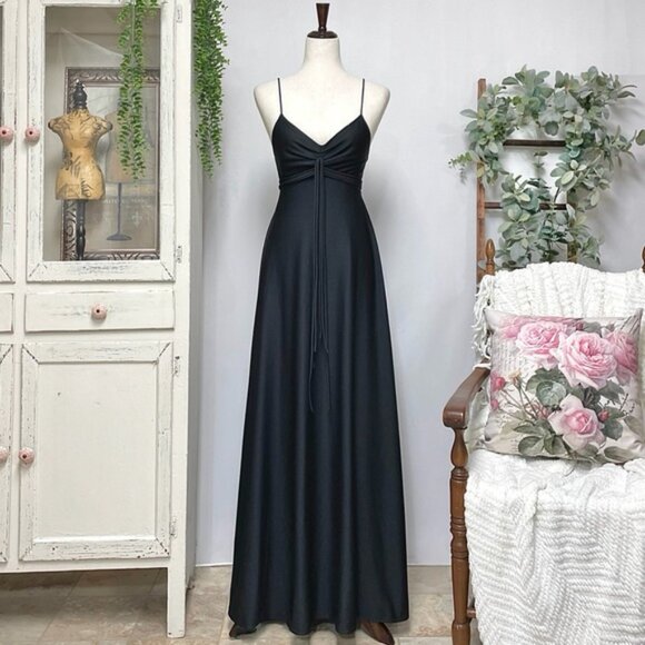 Vintage 70s Maxi Dress Small Black Slinky Spaghetti Strap Jersey Gown Union Made - Picture 2 of 12